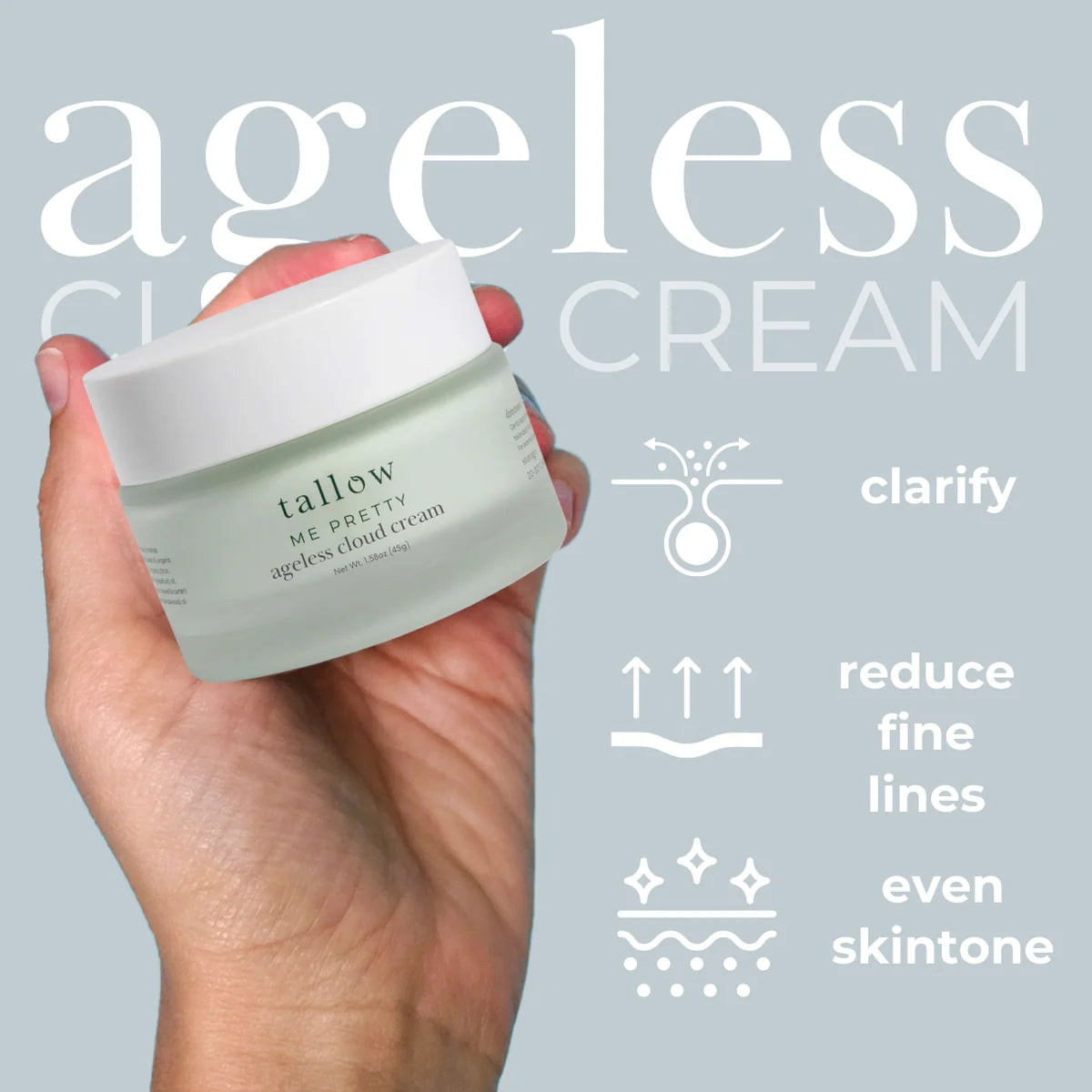 Hand holding a jar of 'tallow me pretty' ageless cloud cream against a light gray background with product benefits text.