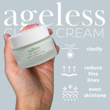 Hand holding a jar of 'tallow me pretty' ageless cloud cream against a light gray background with product benefits text.