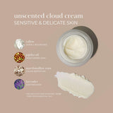 Unscented cloud cream jar with ingredients listed on a beige background