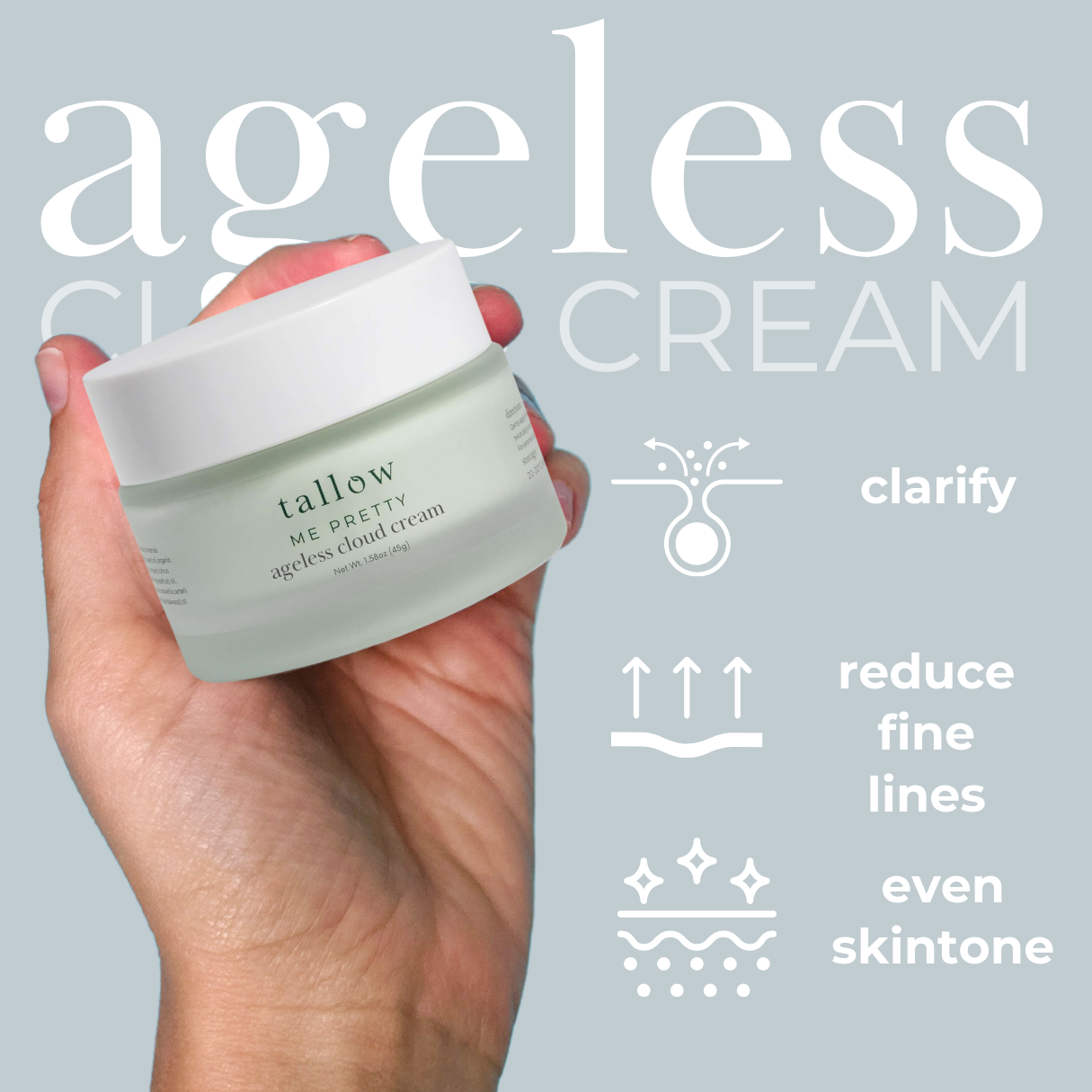 Hand holding a jar of 'tallow me pretty' ageless cloud cream against a light gray background with product benefits text.