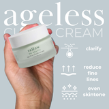 Hand holding a jar of 'tallow me pretty' ageless cloud cream against a light gray background with product benefits text.