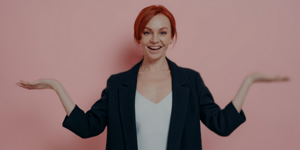 Woman weighing options with hands up