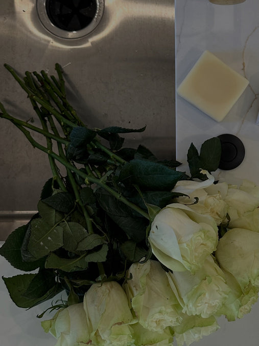 Benefits of tallow soap: tallow soap bar resting beside white roses at a kitchen sink
