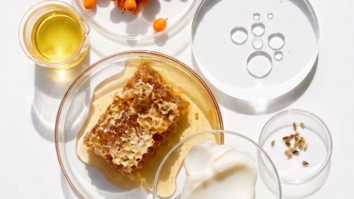 Locally sourced skincare: raw honey, sea buckthorn berries, olives and oils in glass dishes