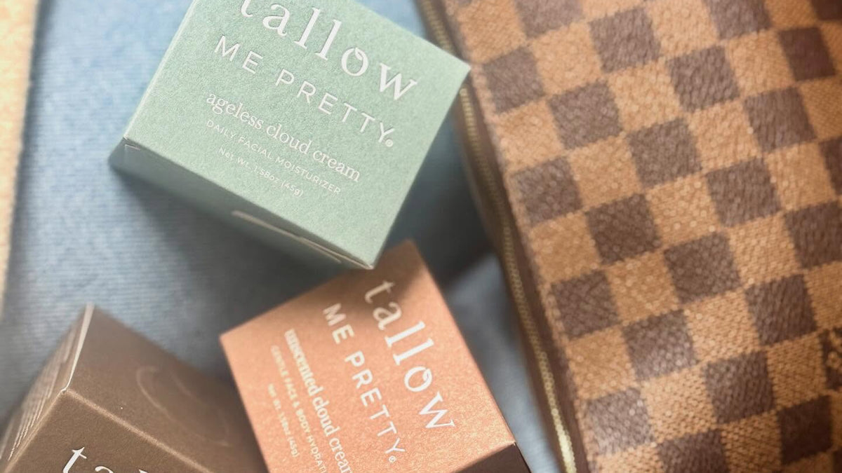 Tallow balm Reddit reviews: Tallow Me Pretty product boxes in a checkered travel pouch
