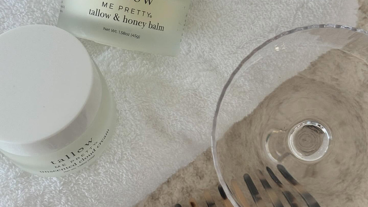 Tallow skincare for very dry, flaky skin: Tallow and Honey Balm jar on a soft white towel