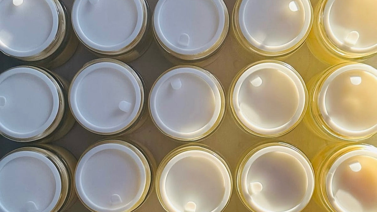 Grass fed beef tallow labels explained: rows of freshly filled tallow cream jars from a small batch