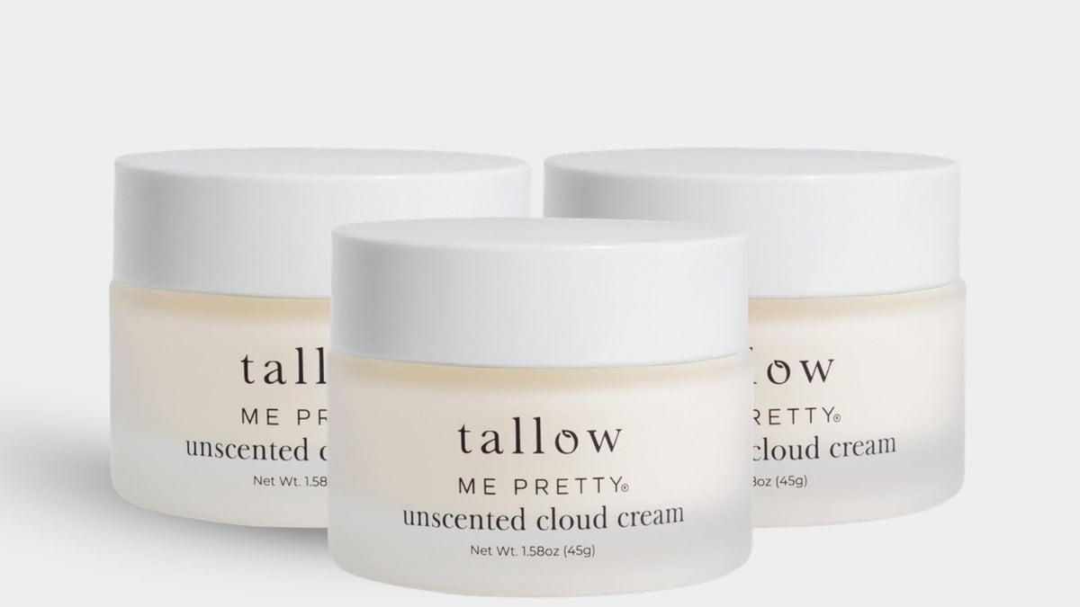 Does beef tallow work on skin: Tallow and Honey Balm, Unscented Cloud Cream and Ageless Cloud Cream jars grouped together