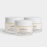 Does beef tallow work on skin: Tallow and Honey Balm, Unscented Cloud Cream and Ageless Cloud Cream jars grouped together