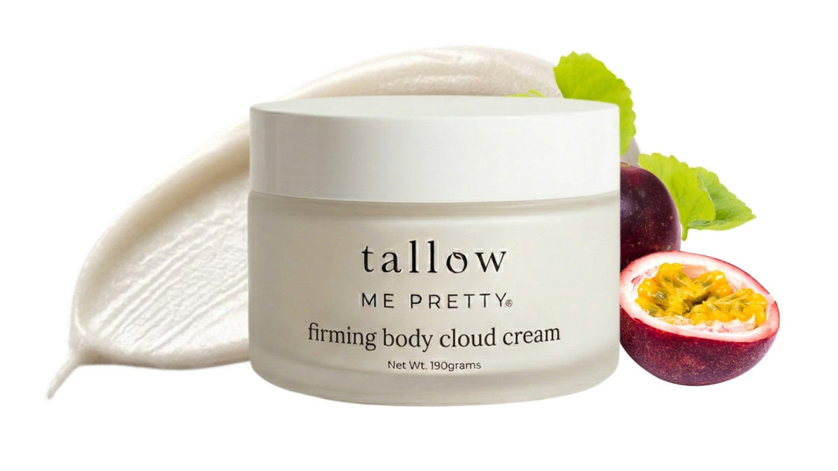 Tallow lotion: Firming Body Cloud Cream jar with a swirl of cream and passion fruit