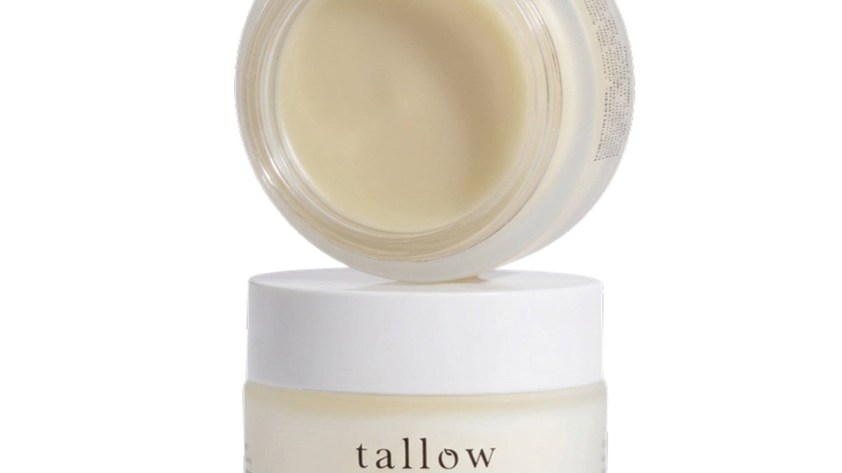 Tallow face mask: open jar of Tallow and Honey Balm stacked on a closed jar