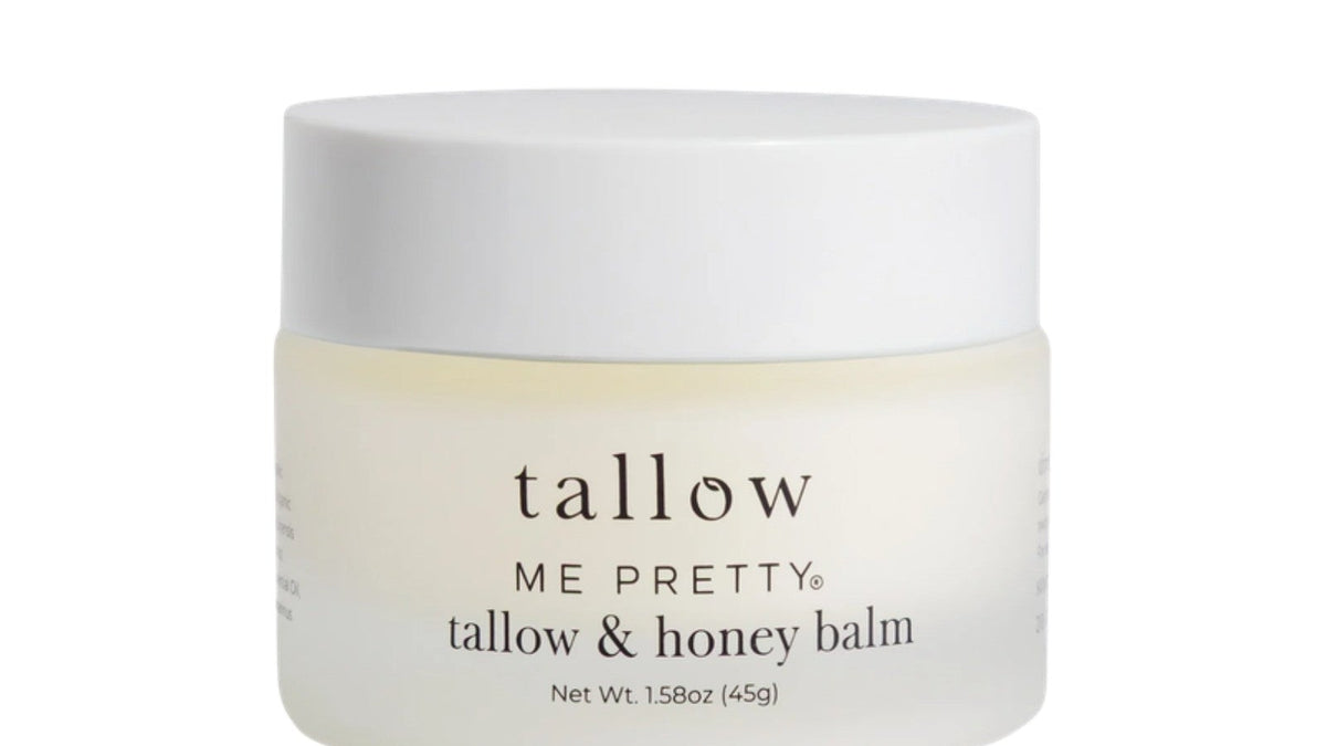 Vitamins A, D, E and K in tallow: jar of Tallow and Honey Balm on a white background