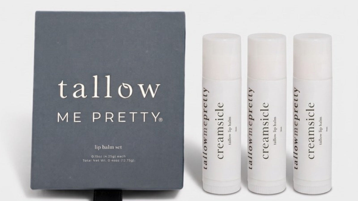 Beef tallow for lip care: Creamsicle tallow lip balm set beside its gift box