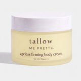 A jar of Tallow Me Pretty Ageless Firming Body Cream, featuring a pale yellow translucent container and a white lid, set against a light gray background.