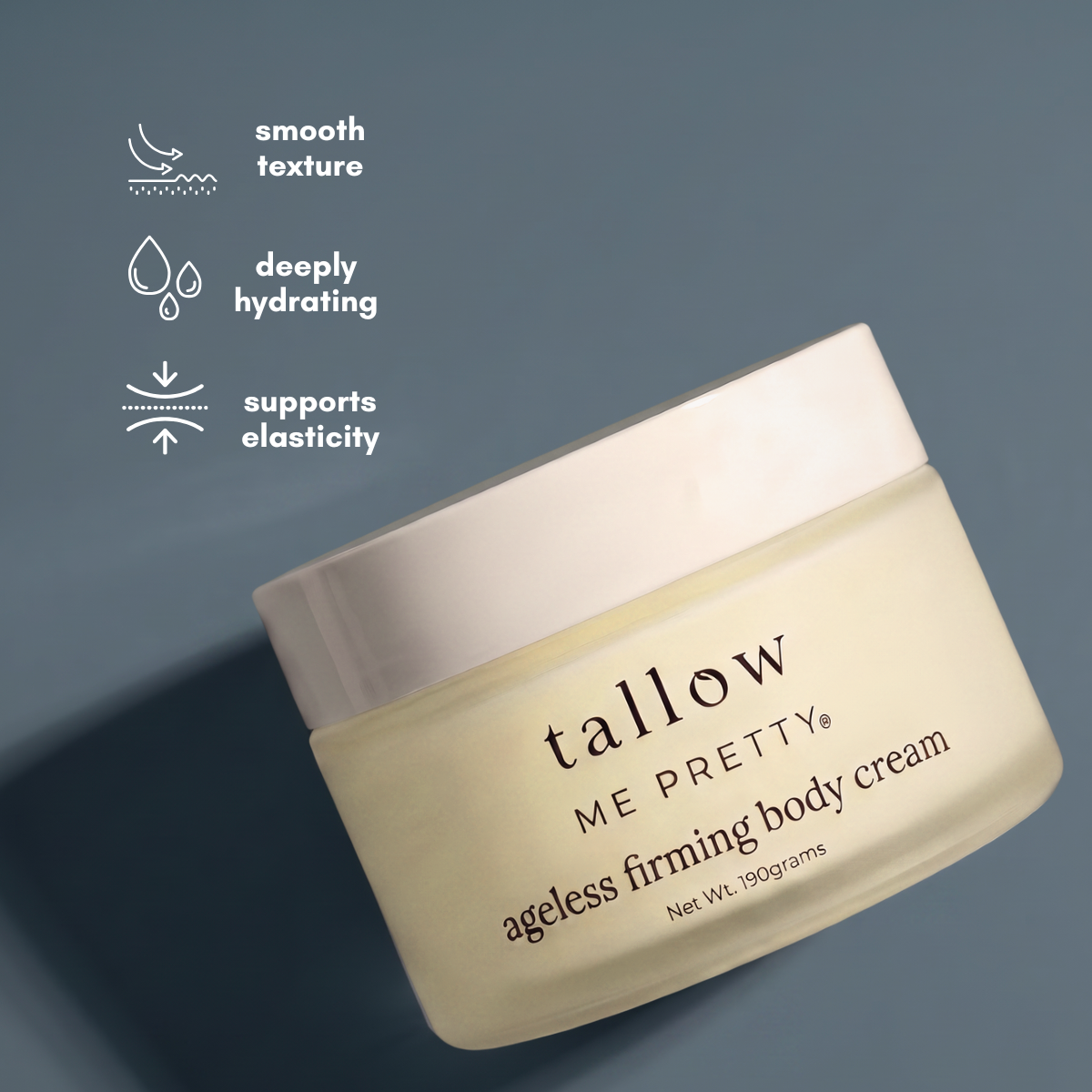 A jar of tallow ME PRETTY ageless firming body cream shown on a slate blue background with white text icons highlighting smooth texture, deeply hydrating properties, and support of elasticity.