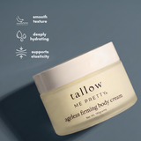 A jar of tallow ME PRETTY ageless firming body cream shown on a slate blue background with white text icons highlighting smooth texture, deeply hydrating properties, and support of elasticity.