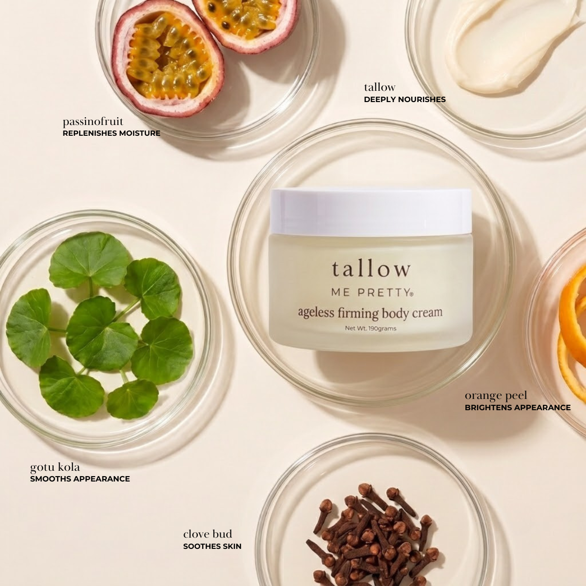 A jar of tallow Me Pretty ageless firming body cream is centered in a styled flat-lay with surrounding ingredient bowls labeled passionfruit, tallow, gou kola, clove bud, and orange peel on a warm cream background.