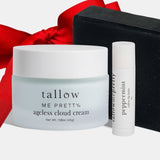 Ageless Cloud Cream, tallow facial cleansing bar, and peppermint lip balm arranged in an elegant blue gift box from Tallow Me Pretty, featuring natural tallow-based skincare essentials.