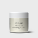 An elegant jar of Tallow Me Pretty Firming Body Cloud Cream, presented against a clean, neutral background. The jar is labeled with a minimalist design that emphasizes the natural and luxurious essence of the cream, promising a nourishing and firming experience for the skin.