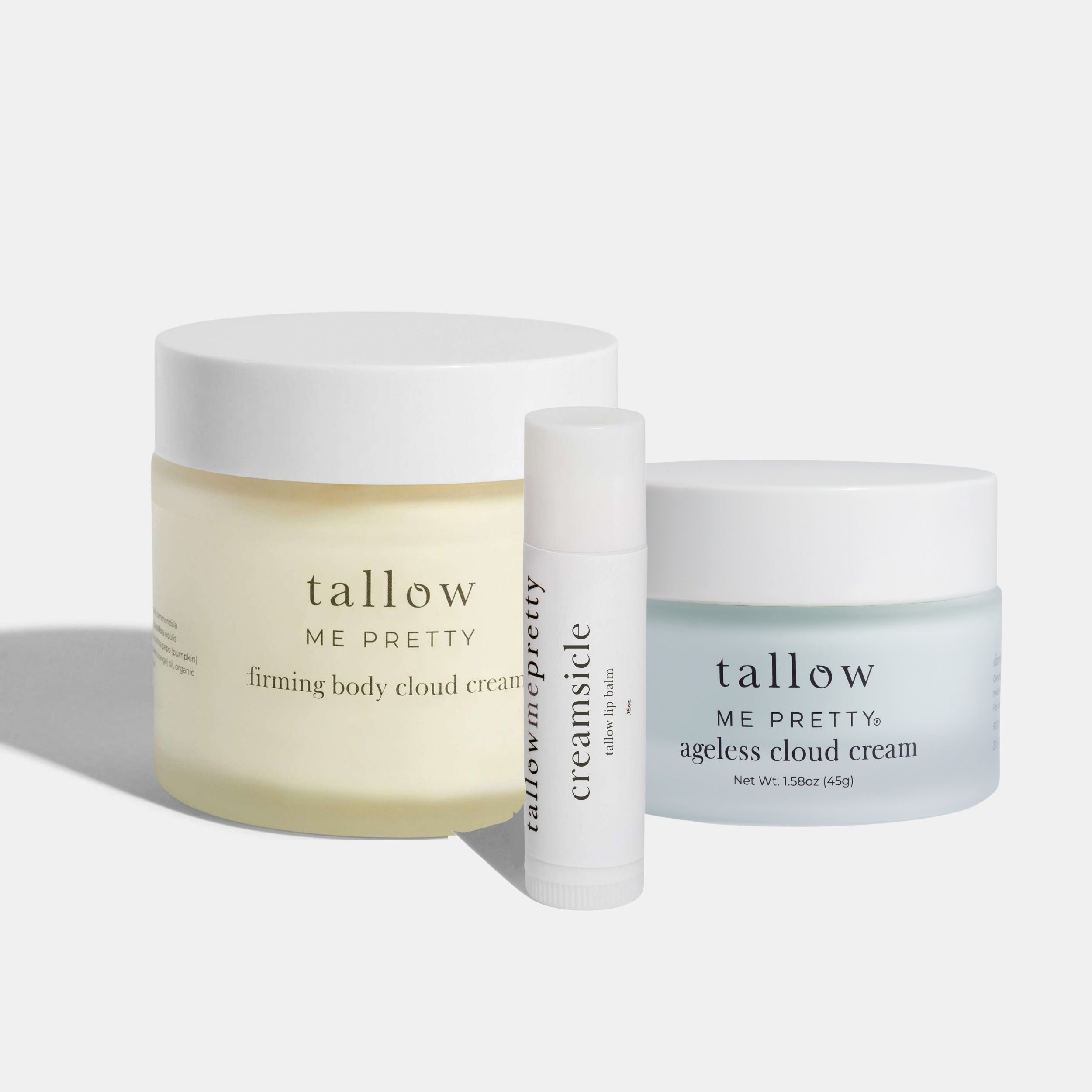 Three skincare products from tallow me pretty on a white background