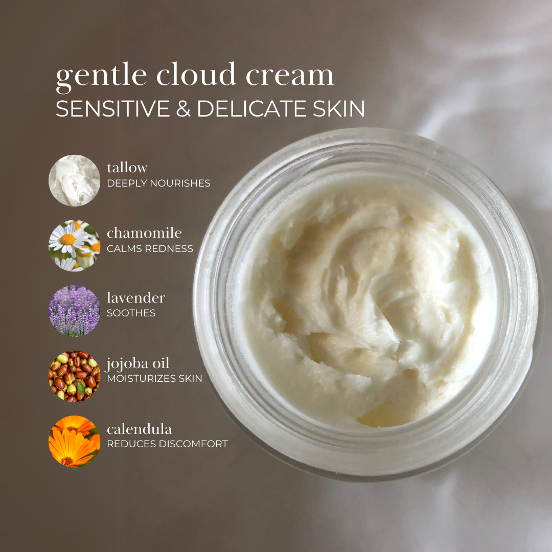 gentle cloud cream with tallow to deeply nourish, chamomile to calm redness, lavender to soothe, jojoba oil to moisturize and calendula to reduce discomfort.