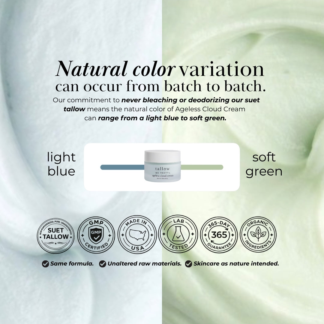 Advertisement for Ageless Cloud Cream with natural color variation information and product details.