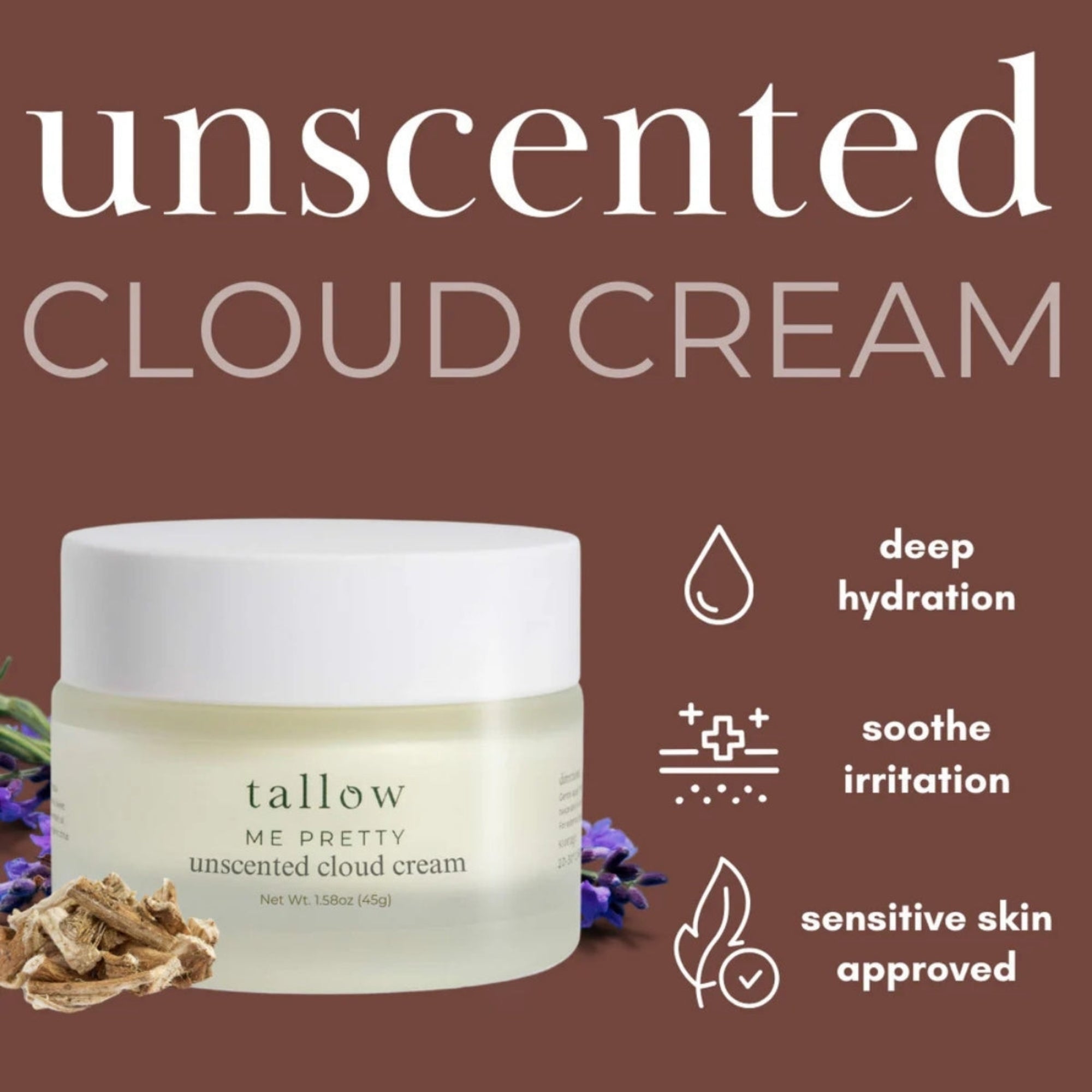 Tallow unscented cloud cream jar with product features on a brown background