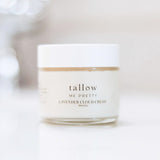 A minimalist jar of Tallow Me Pretty Lavender Cloud Cream on a soft-focus background, embodying simplicity and the soothing qualities of organic lavender for skin care.