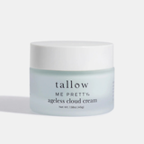 Frosted glass jar of Tallow Me Pretty Ageless Cloud Cream tallow moisturizer on white background