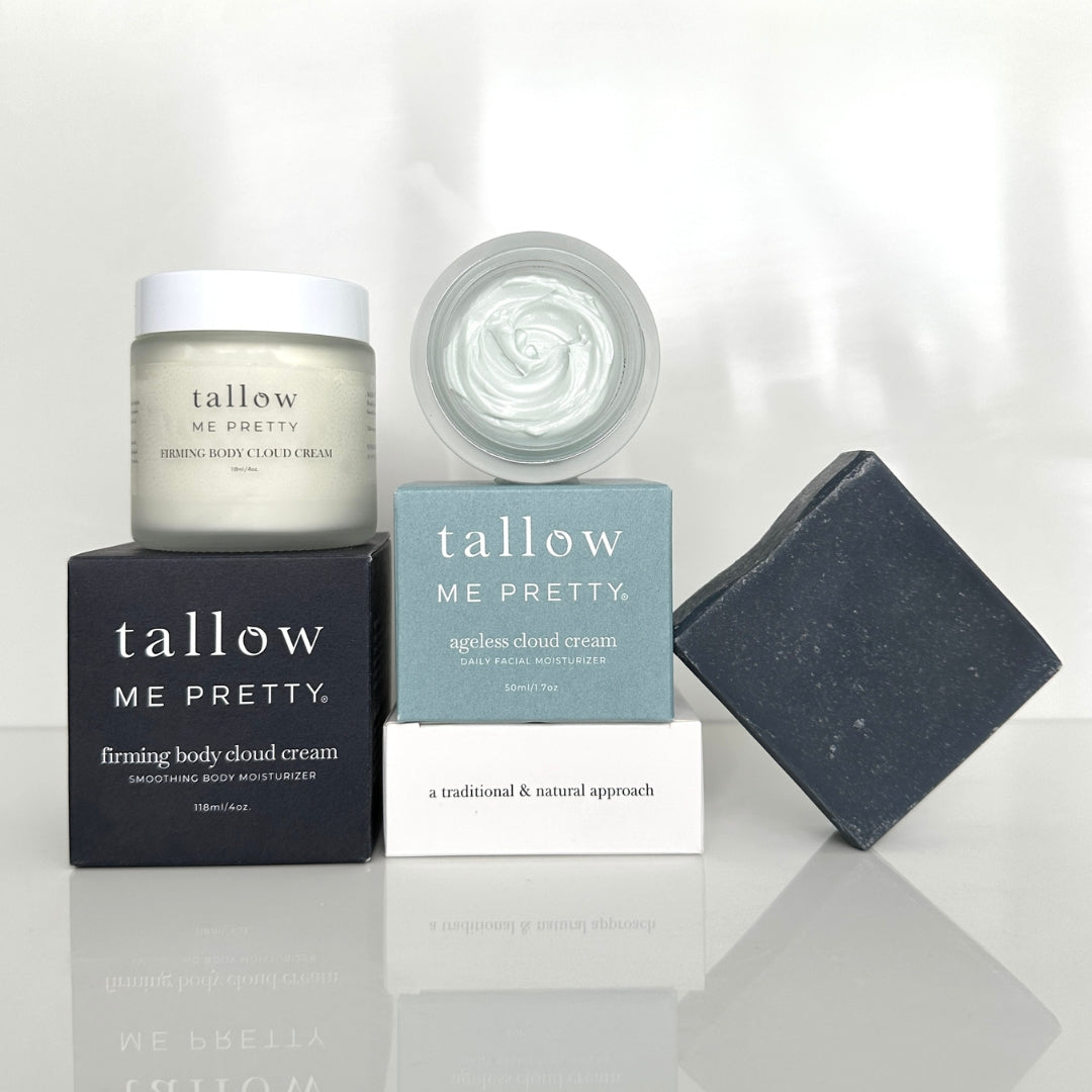 tallow firming body cloud cream, tallow ageless cloud cream, tallow facial bar. 