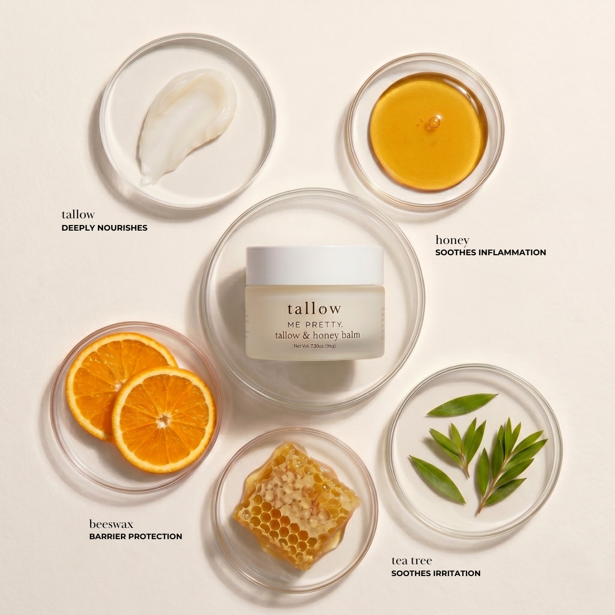 Tallow and honey balm ingredients: grass-fed tallow, raw honey, beeswax, orange, tea tree oil