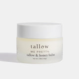 Tallow & Honey Balm moisturizing skincare jar with white lid on a clean light background – grass-fed tallow and raw honey formula.