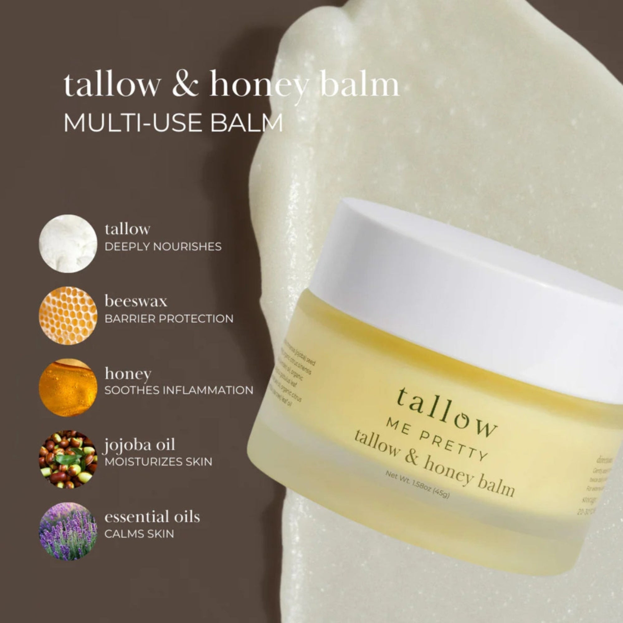 Tallow & Honey Balm jar shown with key ingredients — tallow, beeswax, raw honey, jojoba oil, and essential oils on a brown background.