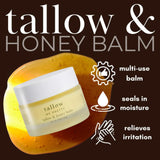Grass-fed tallow and raw honey balm for dry skin, eczema and irritation relief – lifestyle skincare product.