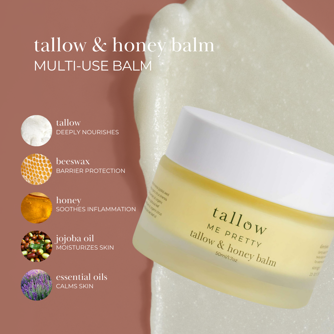 the best tallow moisturizer, deep hydration, contains tallow to deeply nourish, beeswax to protect, honey to sooth inflammation, jojoba to moisturize skin, lavender to calm skin. 