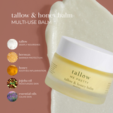 the best tallow moisturizer, deep hydration, contains tallow to deeply nourish, beeswax to protect, honey to sooth inflammation, jojoba to moisturize skin, lavender to calm skin. 