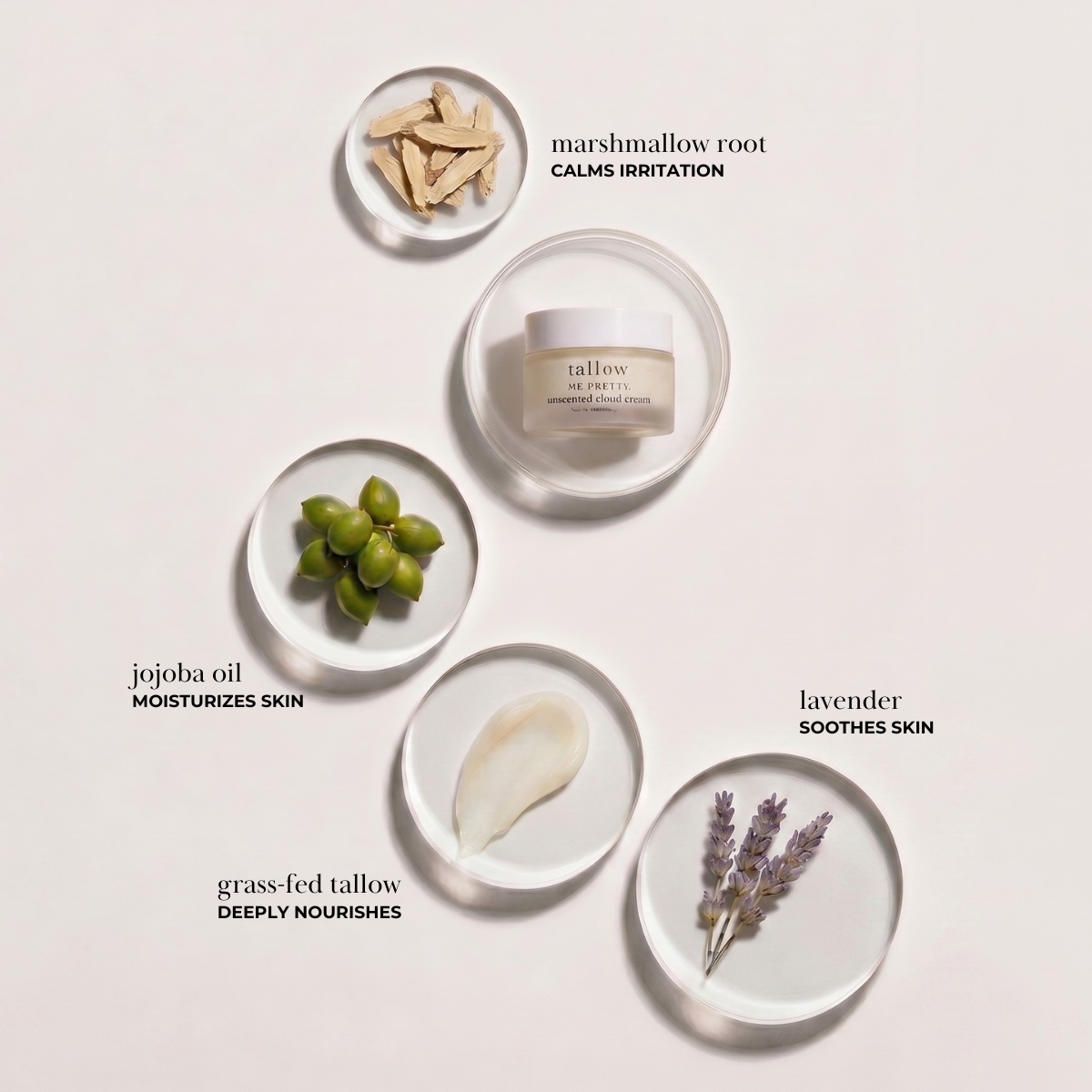 Unscented cloud cream ingredients: grass-fed tallow, jojoba oil, marshmallow root, lavender